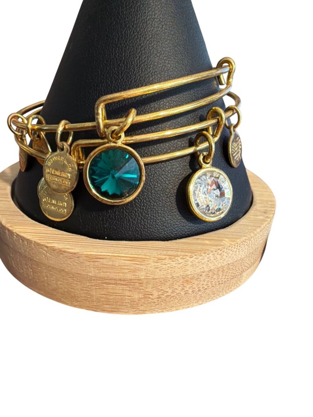 2 Alex And Ani Gold Tone Crystal Charm Bangle Bracelets Green Clear Crystal Adj